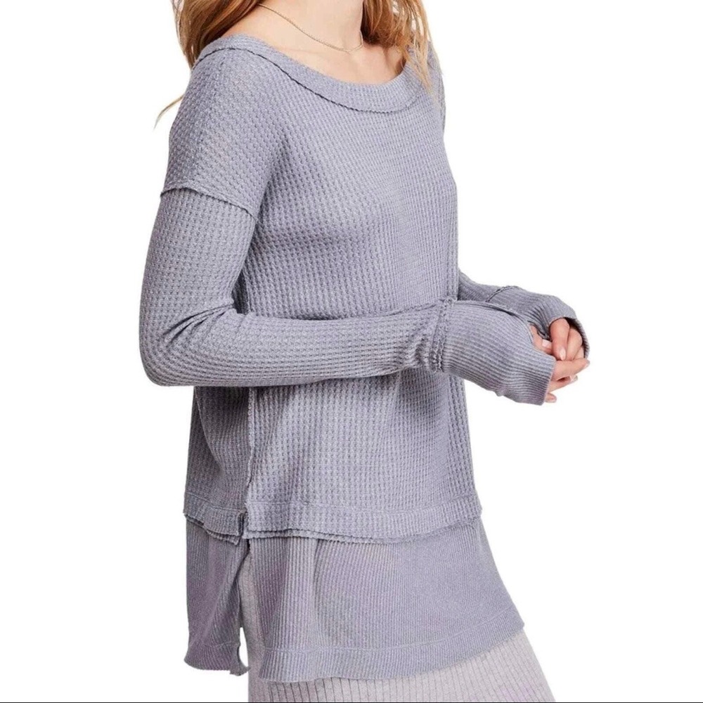 Free People We The Free Laguna Thermal Waffle Knit Tunic Top Blue XS